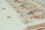 Pure Kerala Cotton Saree with Copper Zari Peacock Embroidery - White