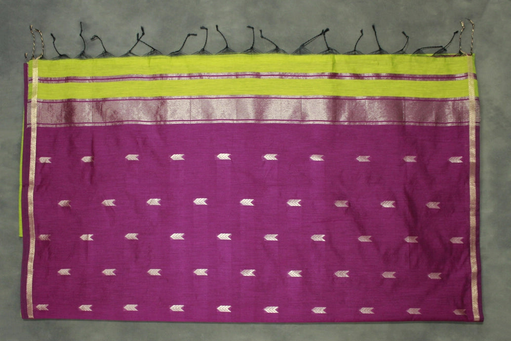 Maheswari Cotton Saree with Small Butta & Zari Border, Green Silk Cotton Saree with Blouse Piece