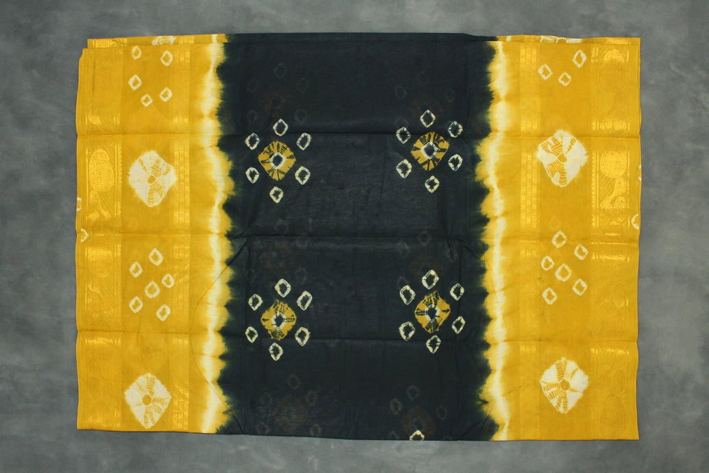 Pure Sungudi Bandhani Saree with Golden Zari Border - Dark Green & Mustard Tie-Dye Saree JCS Fashions