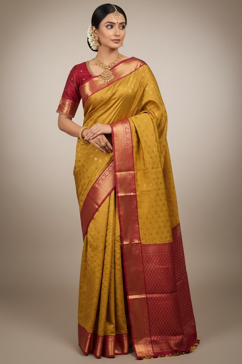 Mustard Yellow Korvai Semi-Silk Saree With Maggam Work Blouse