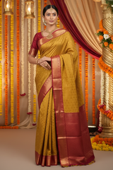 Mustard Yellow Korvai Semi-Silk Saree With Maggam Work Blouse