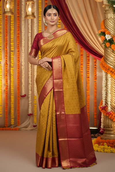 Mustard Yellow Korvai Semi-Silk Saree With Maggam Work Blouse