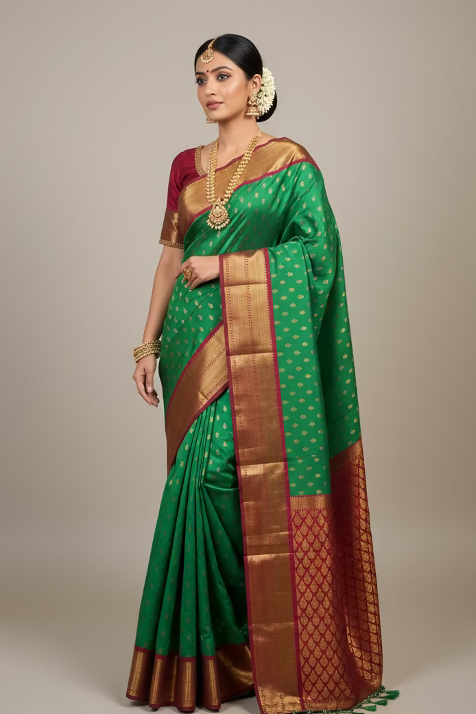 5.5 meters Green Korvai Buttis Semi Silk Saree