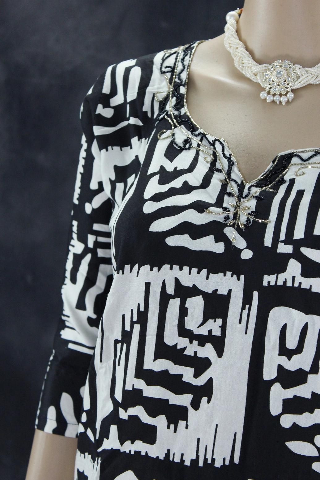 Black & White Rayon Printed Kurti Set with Beaded Neck and Elastic Pant Kurti JCS Fashions