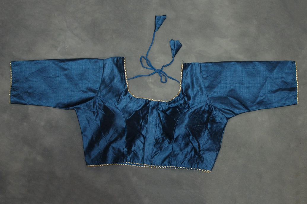 Readymade Navy Blue Raw Silk Padded Designer Blouse with Elbow Sleeves and Back Knot Blouse JCS Fashions