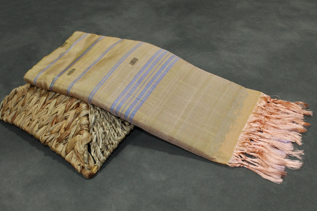 Peach Banana Pith (Vaazhai Naar) Borderless Saree with Subtle Butta and Blue Stripe Detailing for Traditional Wear