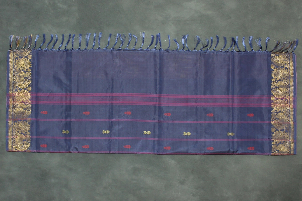 Vaazhai Naar (Banana Pith) Saree in Navy Blue and Orange with Zari Design Border, Full-Body Buttas and Blouse Piece