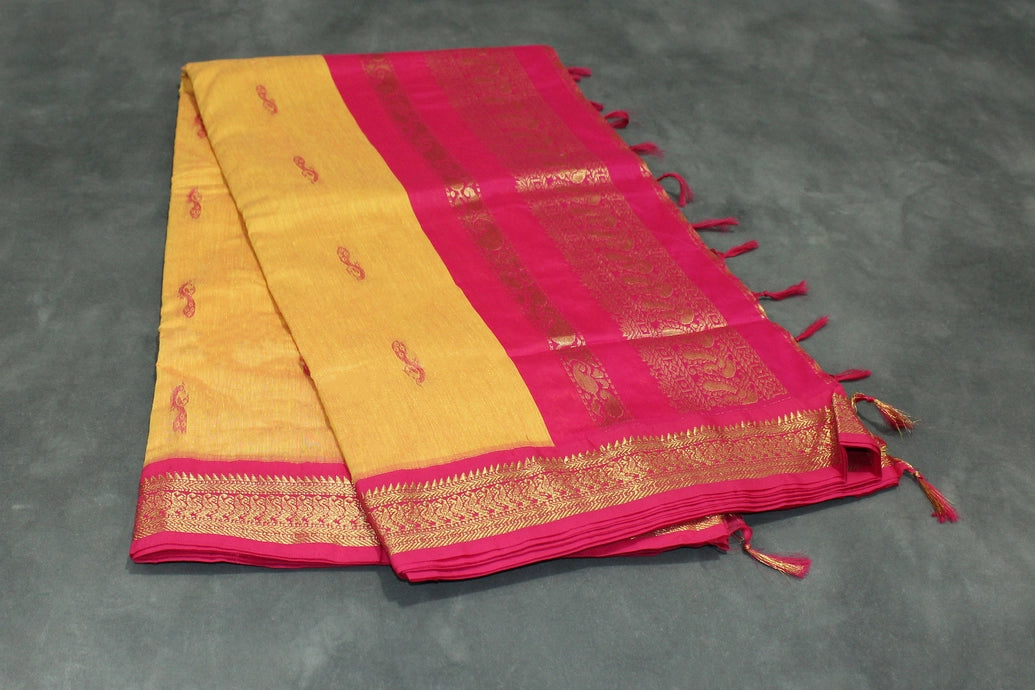 Silk Cotton Yellow & Pink Saree with Grand Pallu and Thick Zari Border
