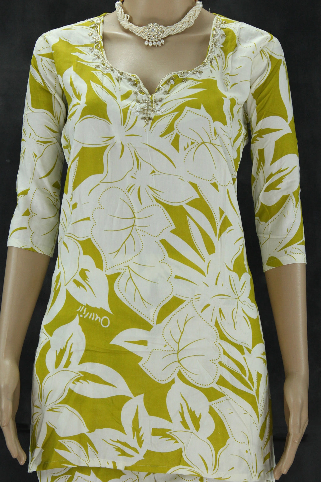 Cream & Mustard Rayon 2-Piece Co-Ord Set with Bead and Aari Neck Embellishment Kurti JCS Fashions