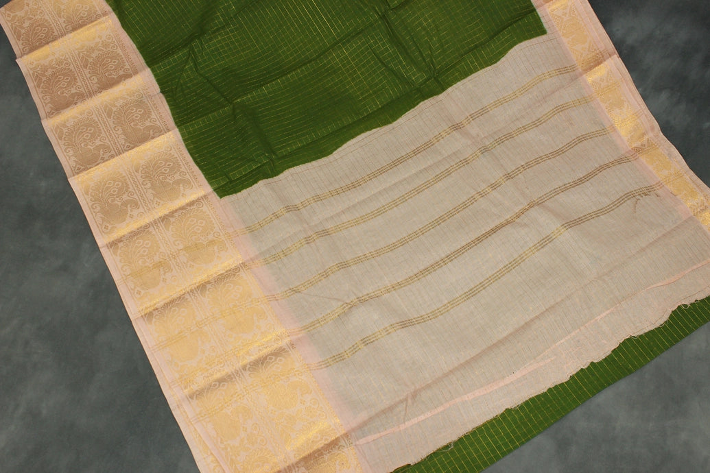 Mehendi Green Sungudi Cotton Saree with Checked Body and Peacock Gold Zari Double Border Saree JCS Fashions