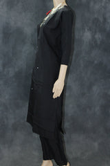 Black Silk 3-Piece Pakistani Salwar Suit with Embroidered V-Neck and Organza Dupatta