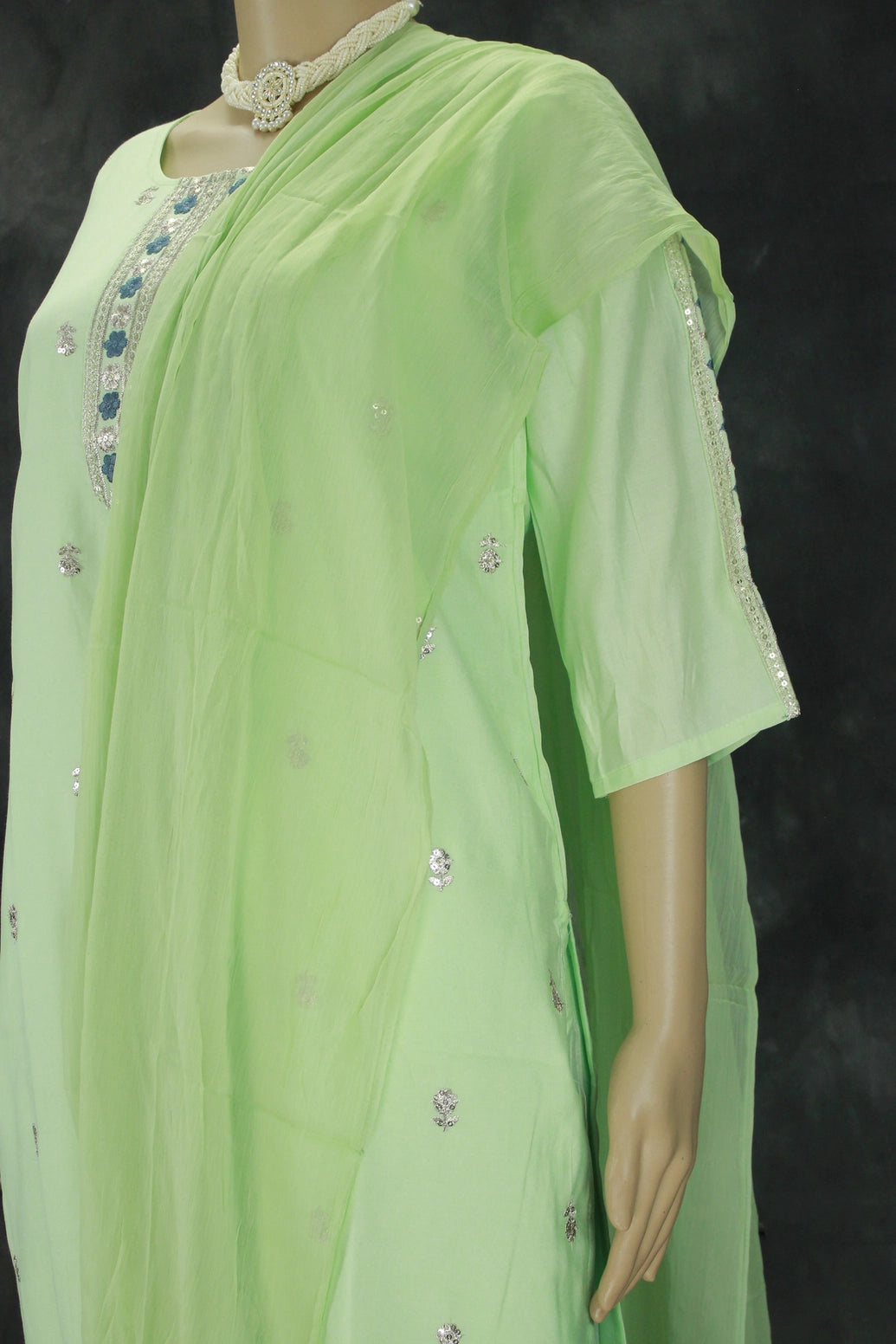 Light Green Cotton 3-Piece Embroidered Suit with Chiffon Dupatta and Sequin Details