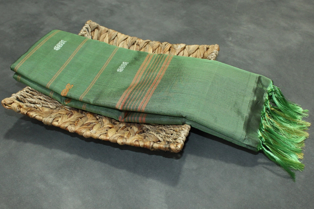 Banana Pith Vaazhai Naar Saree with Zari Border - Dark Pink & Olive Green