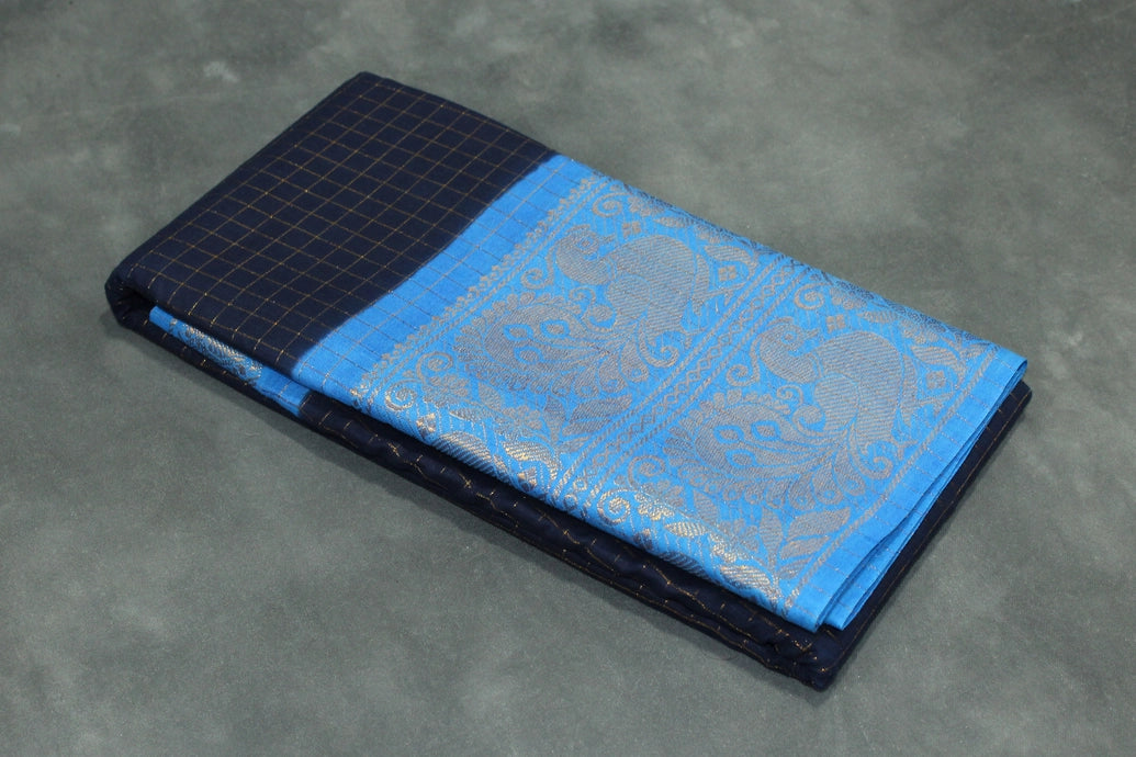 Pure Sungudi Cotton Navy Blue Checked Saree with Contrasting Blue Pallu & Peacock Gold Zari Double Border Saree JCS Fashions