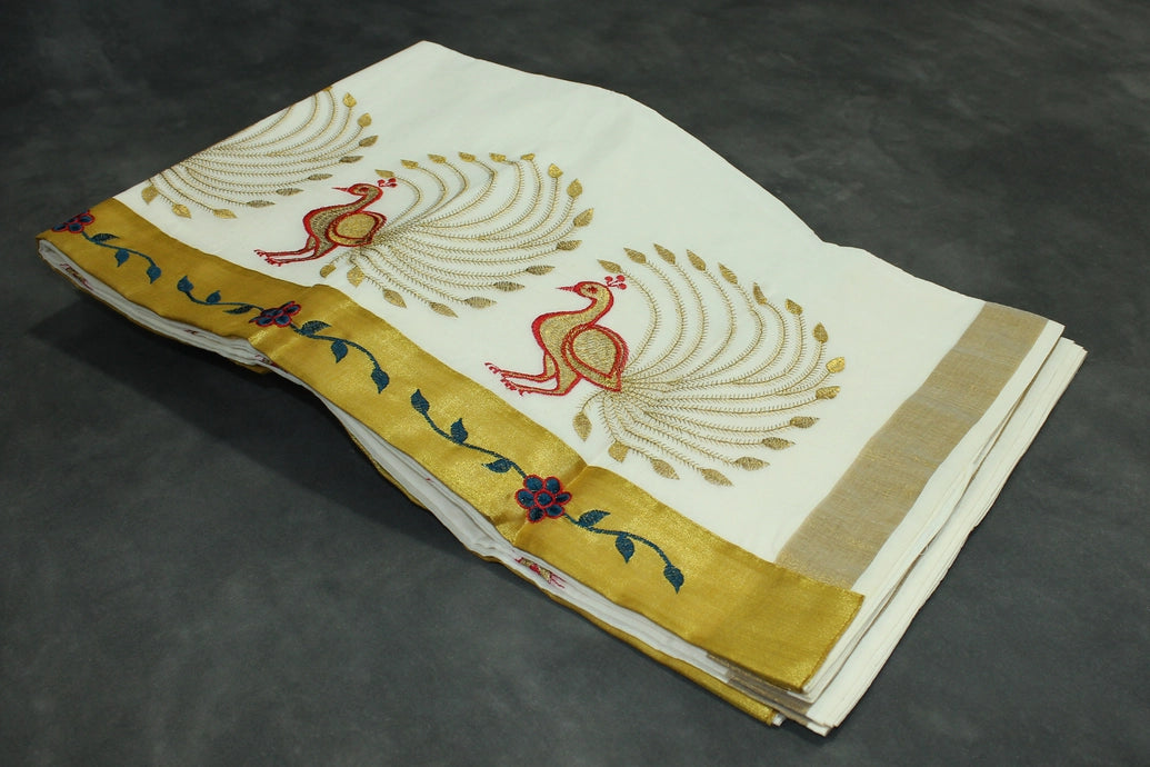 Pure Kerala Cotton White Saree with Gold Zari Peacock Embroidery and Blouse Piece