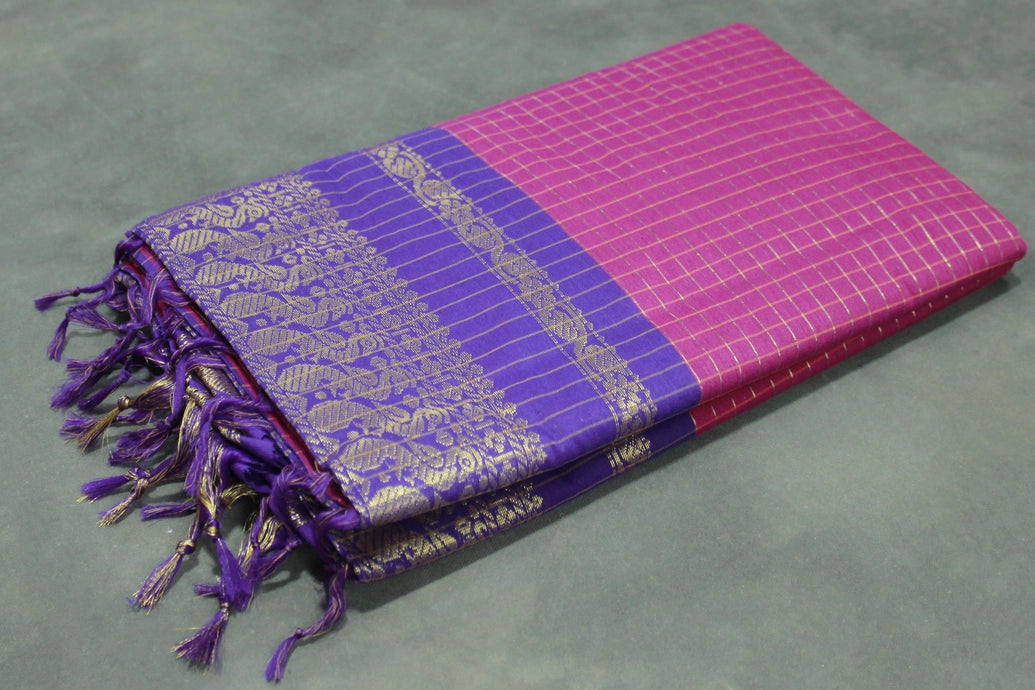 Dark Pink Kalyani Cotton Saree with Zari Checked and Peacock Border and Blouse