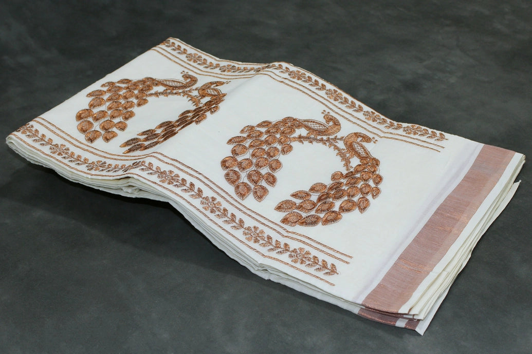 Pure Kerala Cotton White Saree with Copper Zari Peacock Embroidery, Includes Blouse Piece