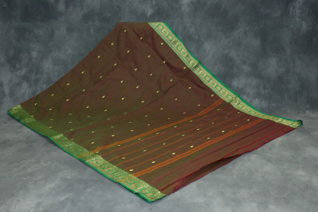 Brown & Green Printed Poly Cotton Butta Saree with Green Thread Border, Traditional Small Butta Motifs Saree JCS Fashions