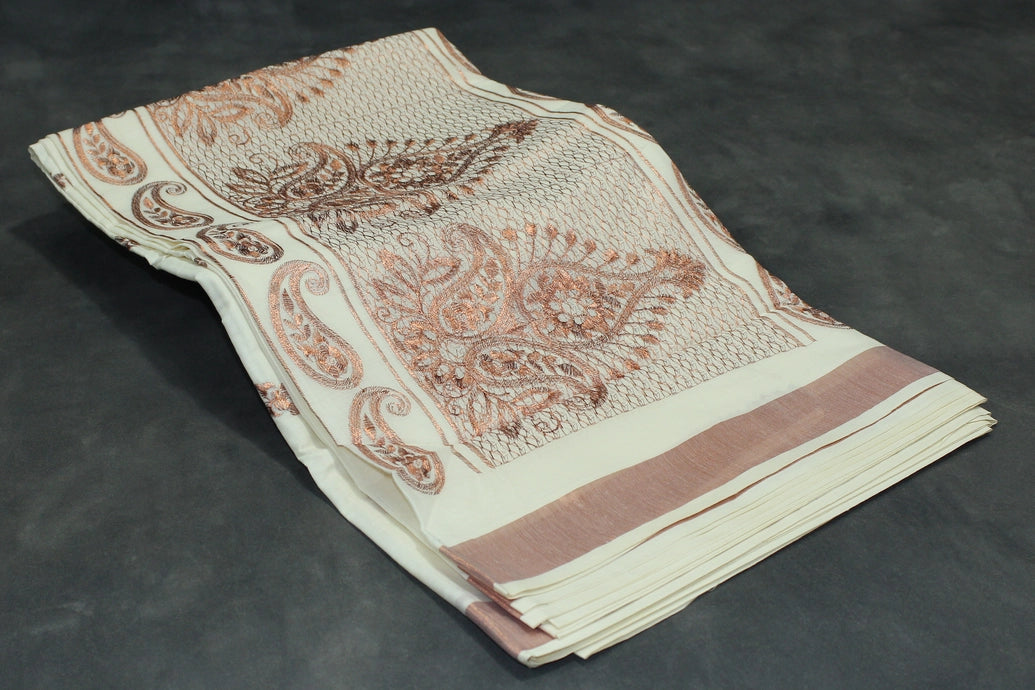 Pure Kerala Cotton Saree with Copper Zari Peacock & Leaf Embroidery, White Body with Traditional Border
