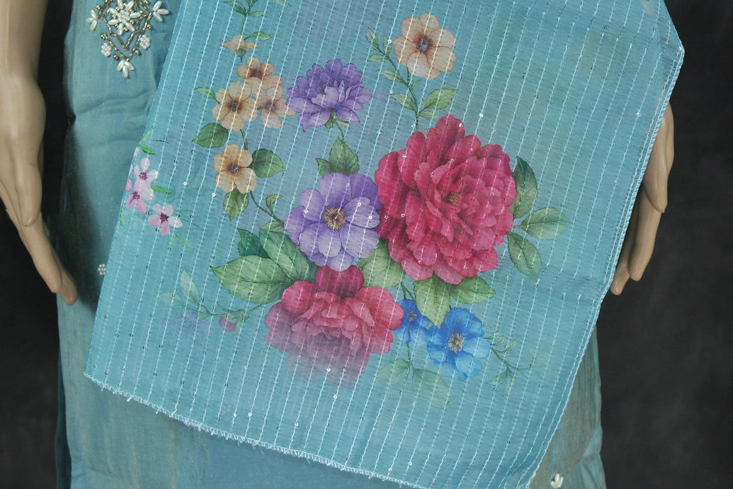 Pastel Blue Shimmer 3-Piece Salwar Suit with Aari & Pearl Embroidery, Organza Sequin and Printed Dupatta Kurti JCS Fashions