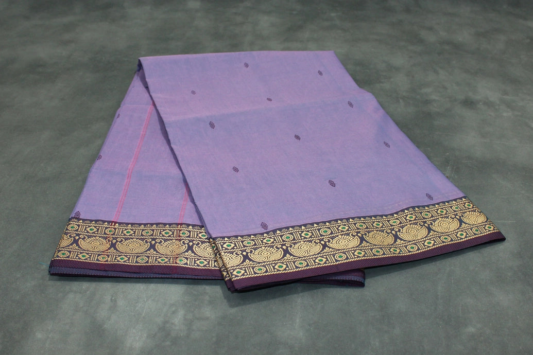 Lavender Poly Cotton Butta Saree with Gold-Thread Lotus Border Saree JCS Fashions
