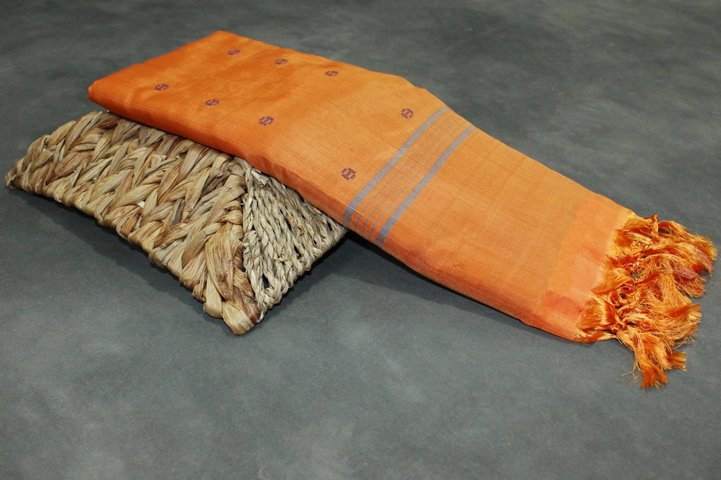 Orange Vaazhai Naar (Banana Pith) Saree with Small Butta and Subtle Pallu Stripes