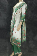 Cream and Green Crepe 3-Piece Salwar Suit with Embellished Kurti, Cotton Dupatta and Elastic Pants