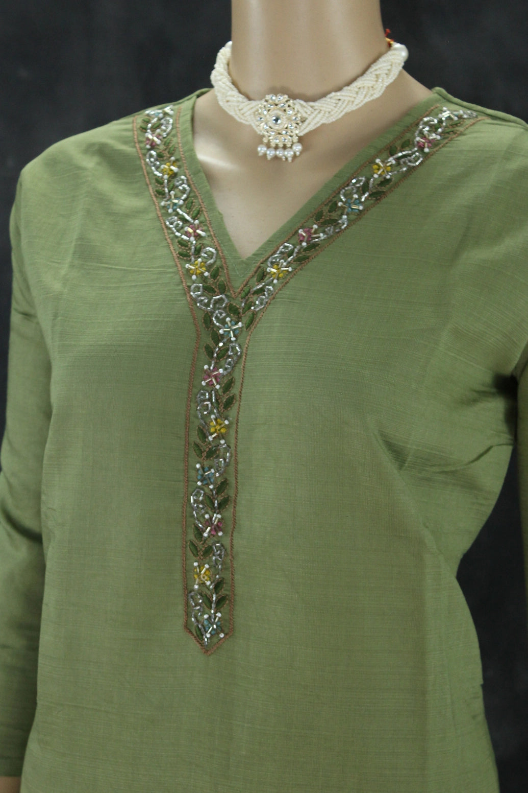 Olive Green Embroidered Cotton Kurti Set with Elastic Pant - V-Neck, Bead & Aari Work Kurti JCS Fashions