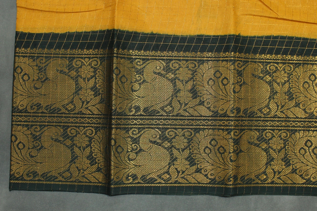 Mustard Yellow Sungudi Cotton Saree with Peacock Gold Zari Double Border