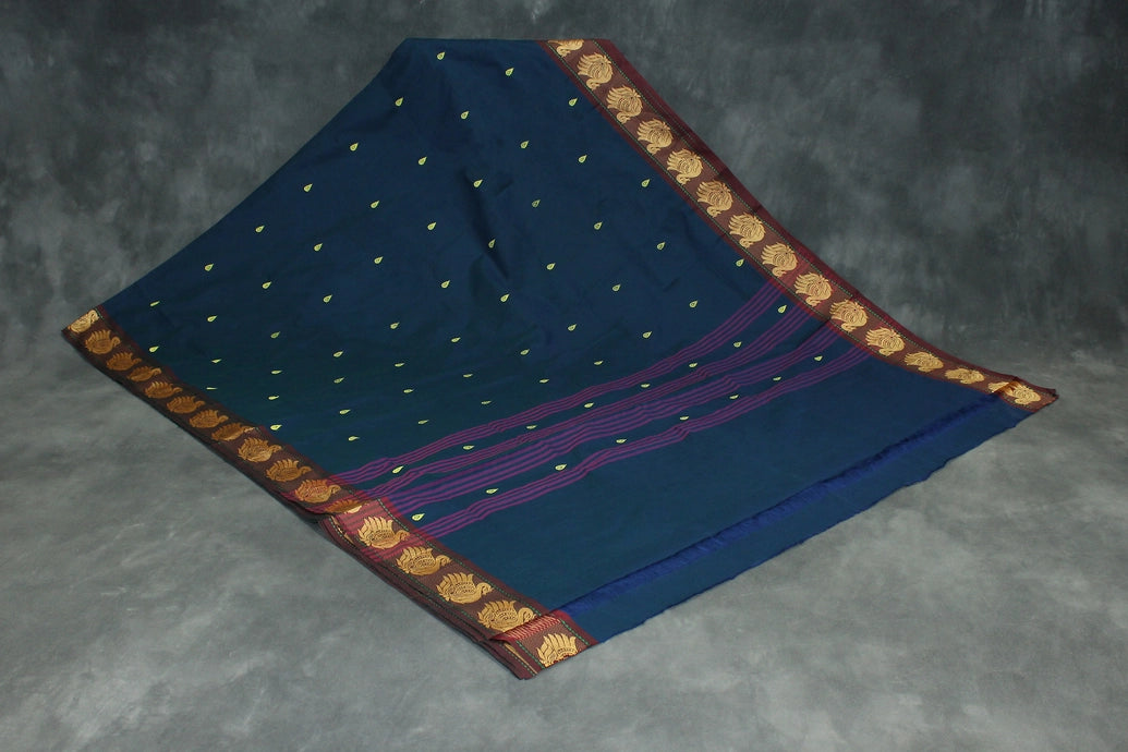 Peacock Blue Poly Cotton Butta Saree with Thread Border - Traditional Indian Saree Saree JCS Fashions