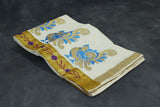 Pure Kerala Cotton White Saree with Gold Zari Border and Blue Peacock Embroidery - Blouse Included