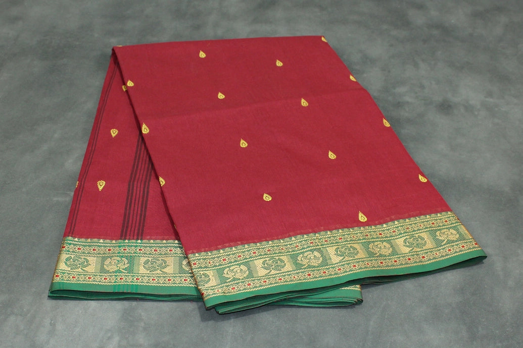 Red Poly Cotton Butta Saree with Green-Gold Thread Border - Traditional Indian Saree Saree JCS Fashions