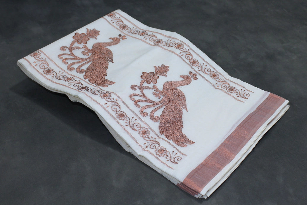 Pure Kerala Cotton Saree with Copper Zari Peacock Embroidery - White Traditional Saree