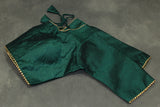 Readymade Designer Green Raw Silk Padded Blouse, Elbow Sleeves, Back Knot, Fully Stitched Blouse JCS Fashions