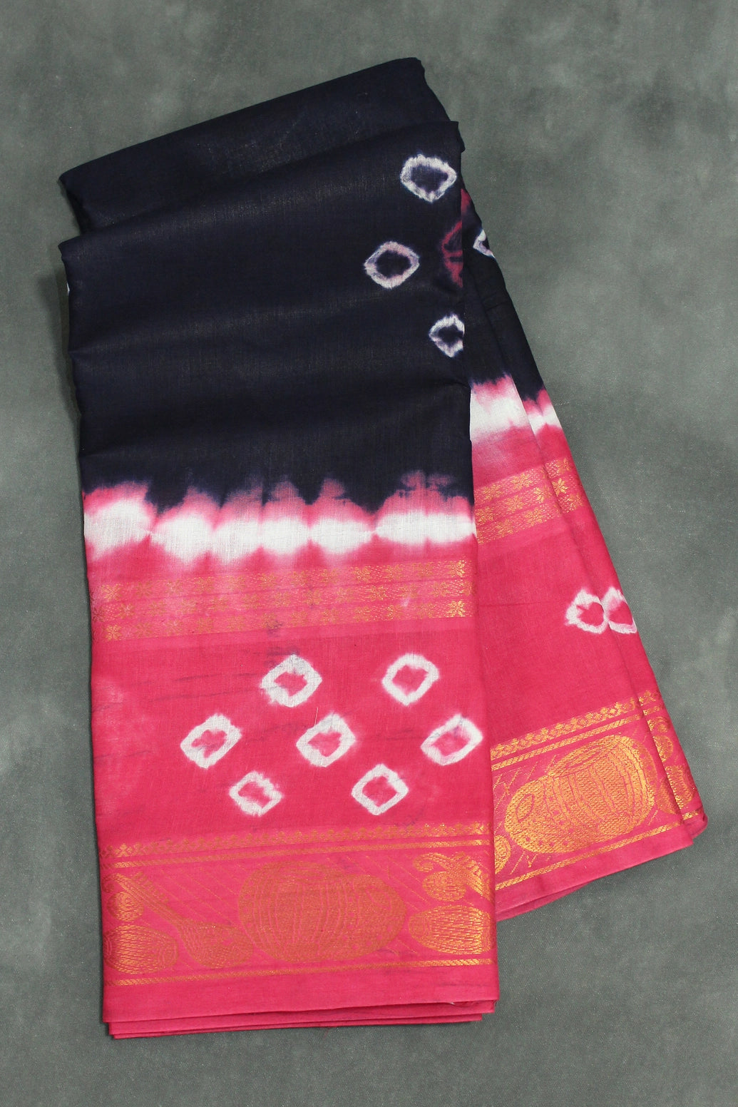 Navy Blue & Pink Sungudi Cotton Bandhani Saree with Golden Zari Border and Instrument Motifs Saree JCS Fashions