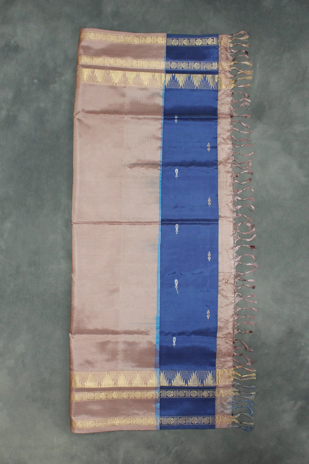 Vaazhai Naar Banana Pith Saree with Zari Border and Small Buttas – Navy Blue & Brown