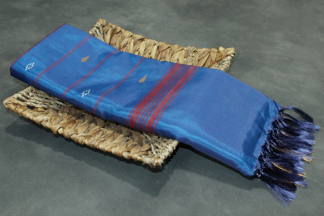 Blue Vaazhai Naar (Banana Pith) Saree with Zari Design Border, Small Butta and Blouse Piece