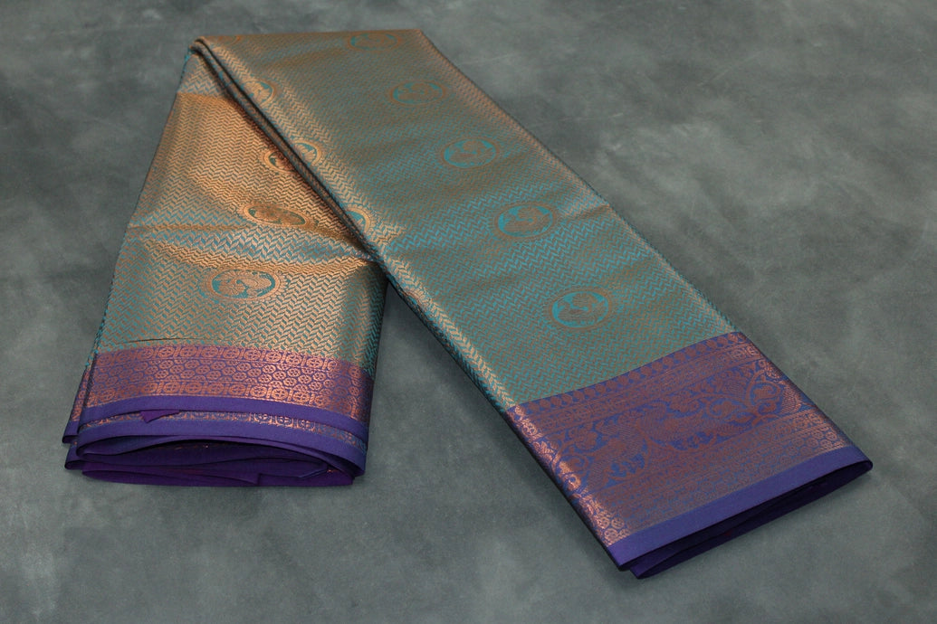 Teal Bridal Kubera Pattu Style Cotton Saree with Full Zari Work and Contrast Purple Woven Border Saree JCS Fashions
