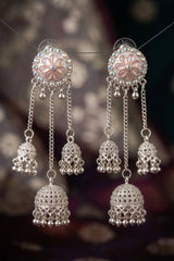 Silver-Finish Flower Stud Jhumka Earrings with Multicolor Crystal Stones and Filigree Dome Drop