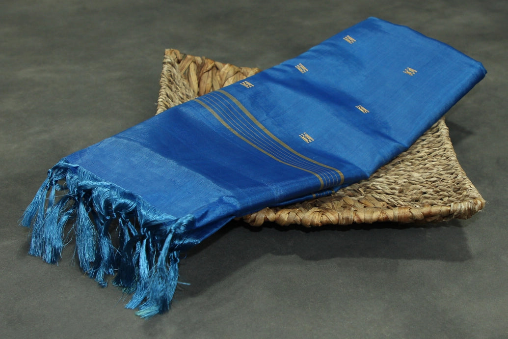 Blue & Mustard Vaazhai Naar (Banana Pith) Saree with Small Butta Allover, Borderless Design, Striped Pallu