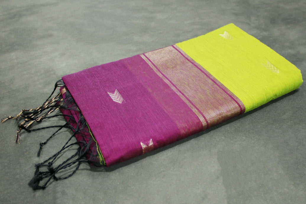 Maheswari Cotton Saree with Small Butta & Zari Border, Green Silk Cotton Saree with Blouse Piece