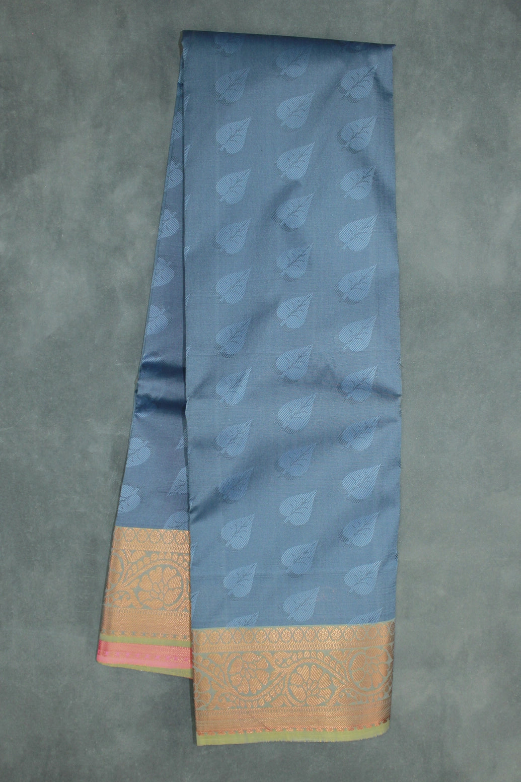 Grey Semi Silk Emboss Saree with Elegant Border, Leaf Motif Weave and Traditional Look