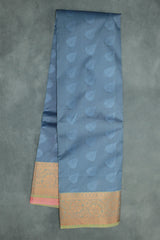 Grey Semi Silk Emboss Saree with Elegant Border, Leaf Motif Weave and Traditional Look