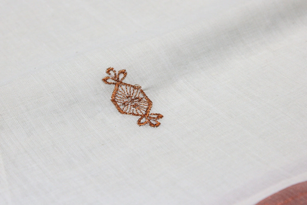 Pure Kerala Cotton White Saree with Copper Zari Peacock & Leaf Embroidery