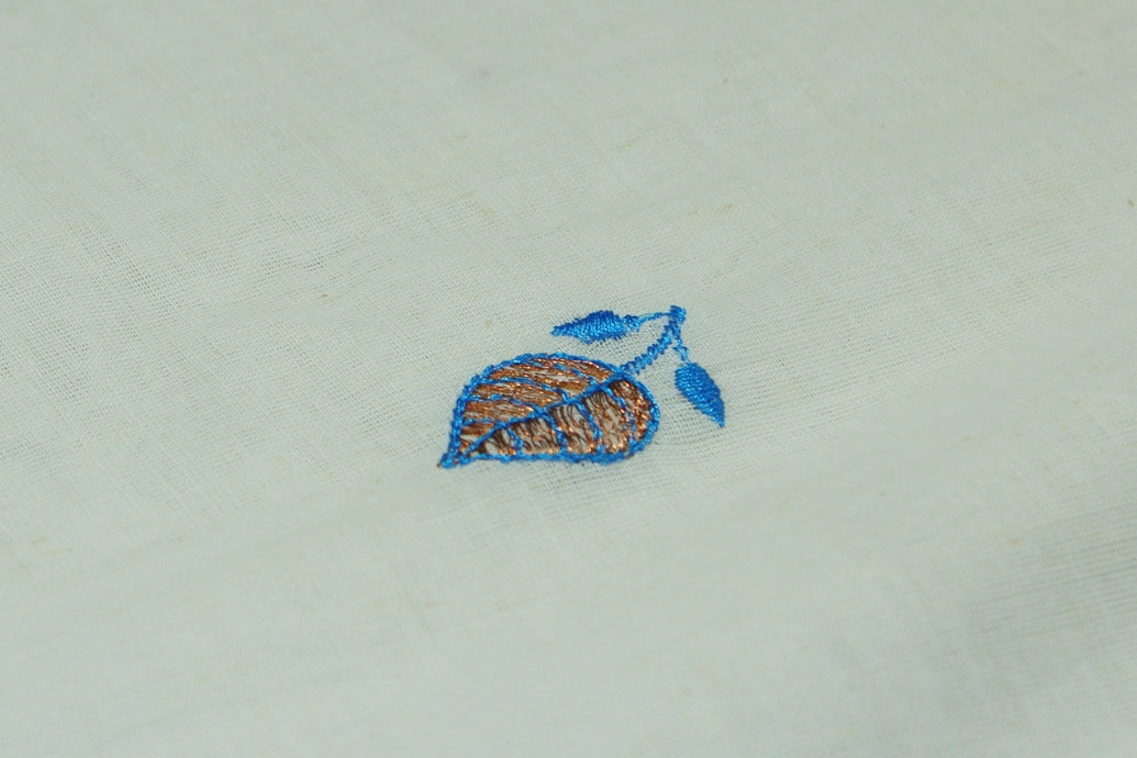 Pure Kerala Cotton White Saree with Copper Zari Border, Peacock Floral Embroidery and Blouse Piece