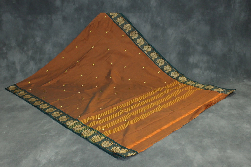 Brown Poly Cotton Butta Saree with Dark Green Thread Border - Traditional Indian Saree Saree JCS Fashions