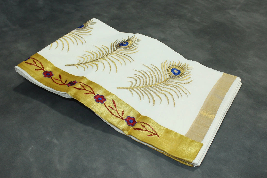 Pure Kerala Cotton White Saree – Gold Zari Peacock Embroidery with Blouse Piece