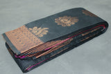 Black Silk Cotton Saree with Zari Floral Border and Blouse Piece, Traditional Wedding Festive Wear