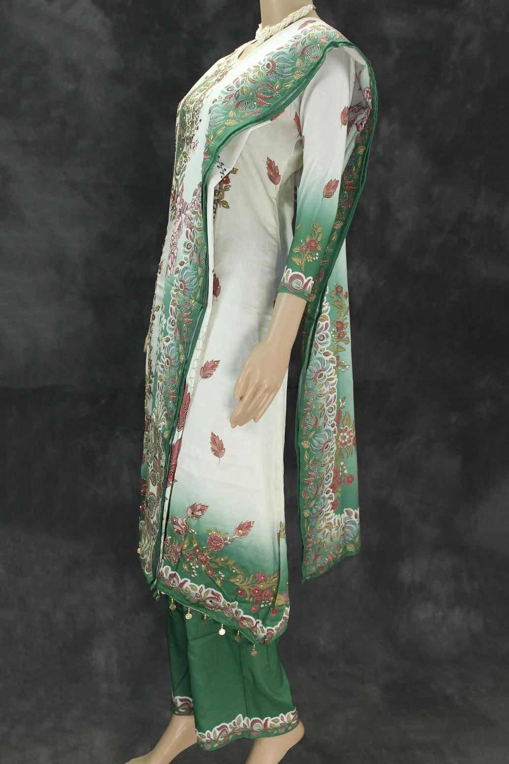 Cream & Green Designer Crepe 3-Piece Salwar Suit with Stone & Mirror Work and Gold-Tone Coin Hangings