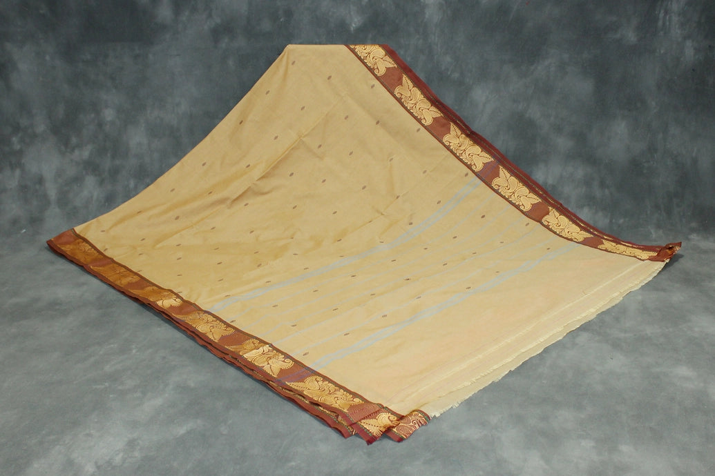 Poly Cotton Sandal Butta Saree with Maroon Thread & Gold-Coloured Woven Border Saree JCS Fashions